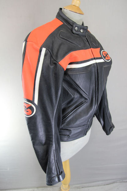 SWIFT INNOVATION BLACK, ORANGE & WHITE LEATHER BIKER JACKET 36 INCH/SMALL