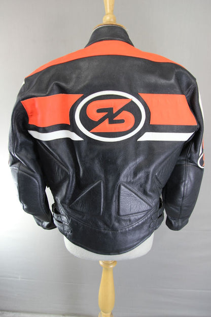 SWIFT INNOVATION BLACK, ORANGE & WHITE LEATHER BIKER JACKET 36 INCH/SMALL