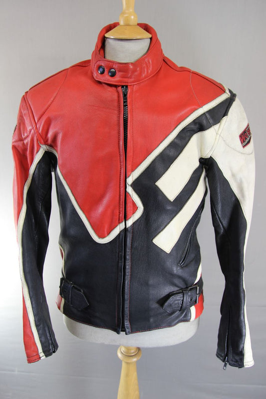 VINTAGE WEISE SPORTS COLLECTION BLACK, RED & WHITE LEATHER BIKER JACKET 36-38 IN