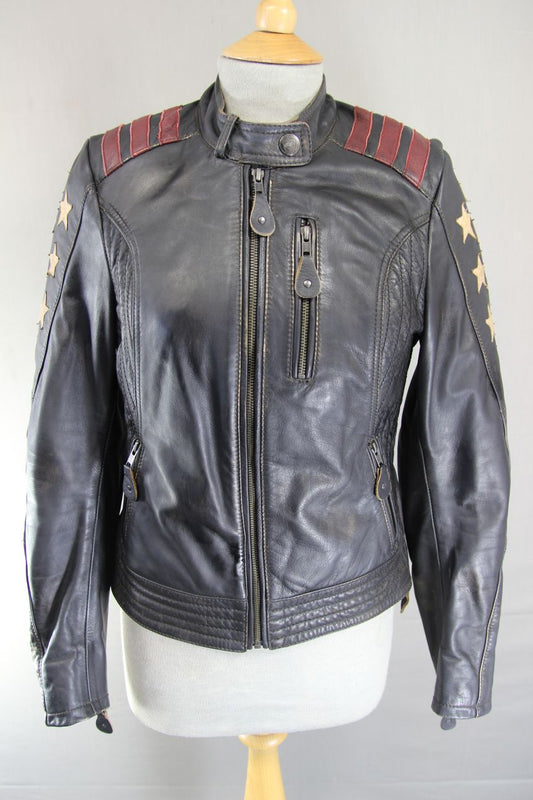 HELD URBAN RANGE STARS & STRIPES LEATHER BIKER JACKET + CE ARMOUR: SIZE 8/32-34"