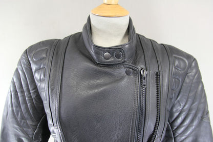 AKITO CLASSIC BLACK LEATHER BIKER JACKET WITH BACK PROTECTOR: SIZE 14