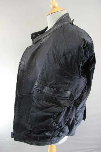 AKITO CLASSIC BLACK LEATHER BIKER JACKET WITH BACK PROTECTOR: SIZE 14
