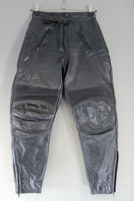 BUFFALO BLACK LEATHER BIKER TROUSERS: SIZE 14 WAIST 30 INCH/INSIDE LEG 29 INCH