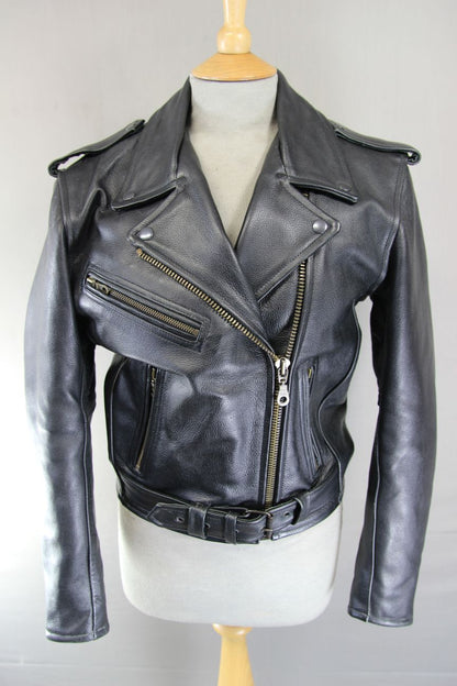 BUFFALO VINTAGE 1970S STYLE PUNK ROCK BLACK LEATHER RETRO BIKER JACKET: SIZE 10