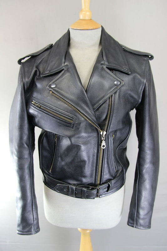 BUFFALO VINTAGE 1970S STYLE PUNK ROCK BLACK LEATHER RETRO BIKER JACKET: SIZE 10