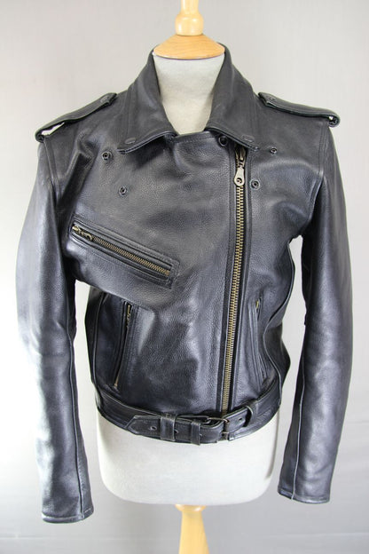 BUFFALO VINTAGE 1970S STYLE PUNK ROCK BLACK LEATHER RETRO BIKER JACKET: SIZE 10