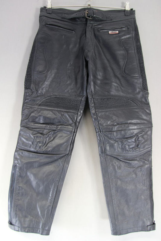 SKINTAN BLACK LEATHER BIKER TROUSERS: WAIST 32 INCH/INSIDE LEG 27 IN