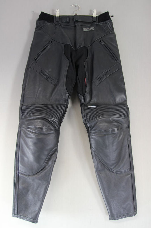 SWIFT INNOVATION LEATHER BIKER TROUSERS + KNEE ARMOUR SIZE 14: WAIST 30"/LEG 31"