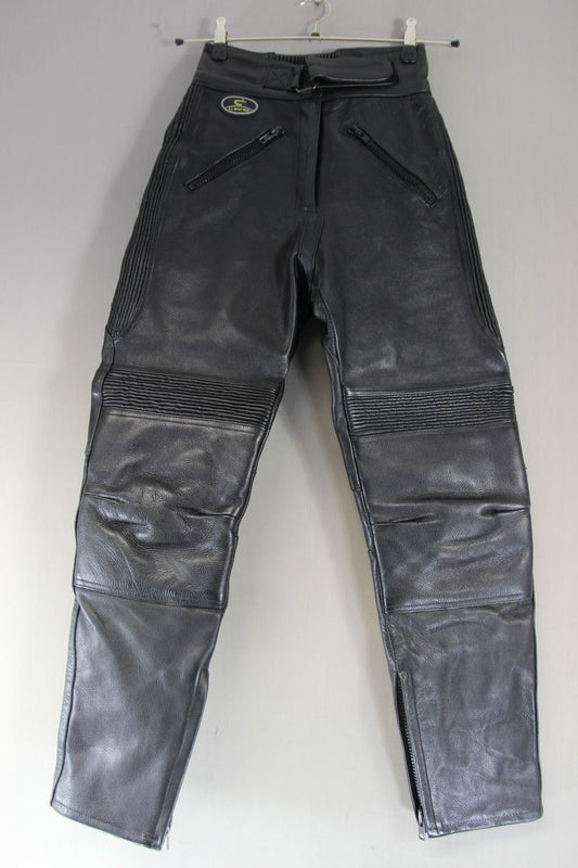 KJ BIKERS WEAR LADIES BLACK LEATHER TROUSERS: SIZE 12 WAIST 26"/INSIDE LEG 28"