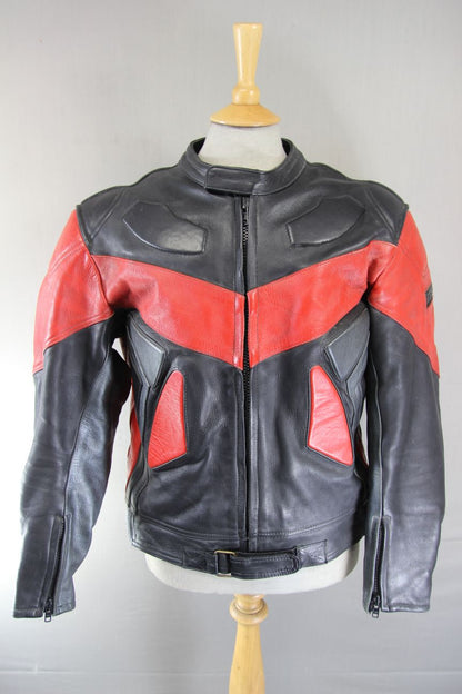 JTS BLACK, RED & SILVER LEATHER BIKER JACKET + PROTECTORS & THERMAL LINING 42 IN