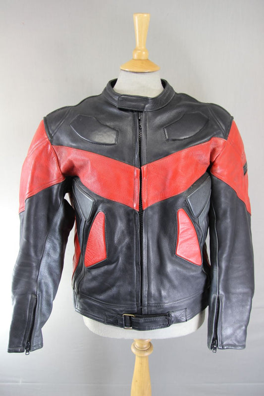 JTS BLACK, RED & SILVER LEATHER BIKER JACKET + PROTECTORS & THERMAL LINING 42 IN
