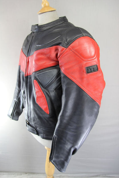 JTS BLACK, RED & SILVER LEATHER BIKER JACKET + PROTECTORS & THERMAL LINING 42 IN