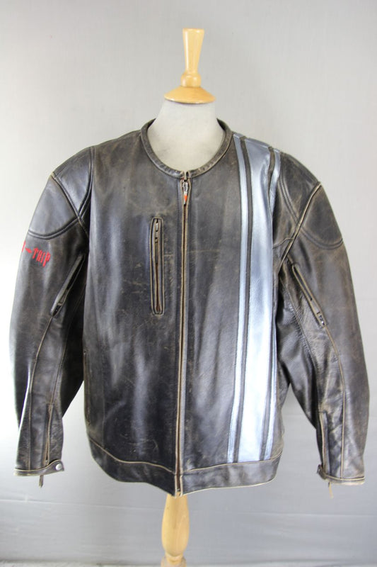 POWER TRIP BROWN & SILVER DISTRESSED LEATHER BIKER JCKT + THERMAL LINING 52"/3XL