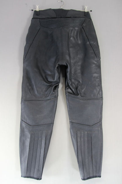 LOOKWELL BLACK LEATHER BIKER TROUSERS - SIZE 12: WAIST 28-30 IN/INSIDE LEG 29 IN