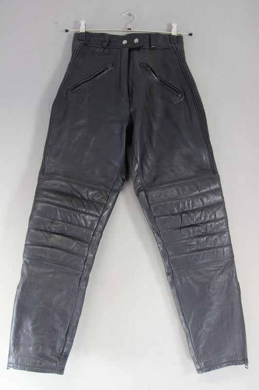 JTS CLASSIC BLACK LEATHER BIKER TROUSERS: SIZE 10 - WAIST 26 INCH/LEG 27.5 INCH
