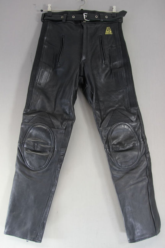 AKITO BLACK LEATHER BIKER TROUSERS: WAIST 30-32 INCHES/INSIDE LEG 30 INCHES