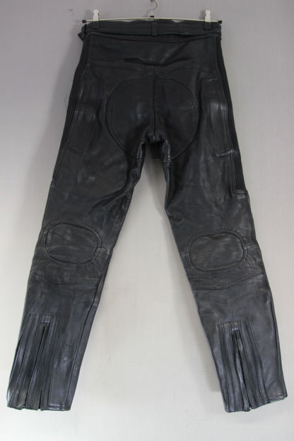 AKITO BLACK LEATHER BIKER TROUSERS: WAIST 30-32 INCHES/INSIDE LEG 30 INCHES