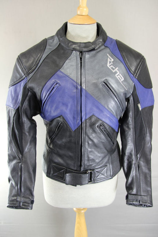 RICHA BLACK, BLUE & SILVER LEATHER BIKER JCKT + CE ARMOUR/THERMAL LINING: SIZE 8