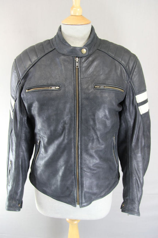 BOS BLACK & CREAM CAFE RACER LEATHER BIKER JCKT + ARMOUR/THERMAL LINING: SIZE 14