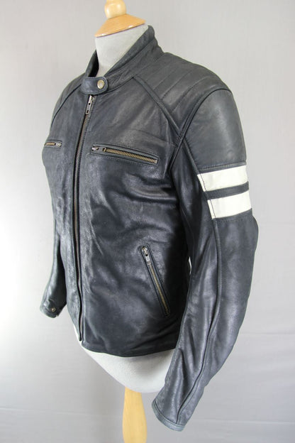 BOS BLACK & CREAM CAFE RACER LEATHER BIKER JCKT + ARMOUR/THERMAL LINING: SIZE 14