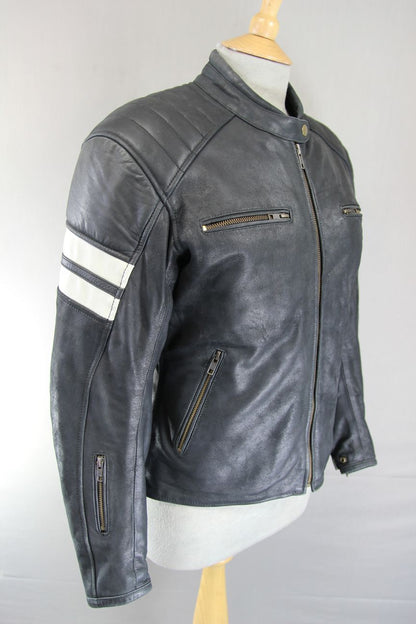 BOS BLACK & CREAM CAFE RACER LEATHER BIKER JCKT + ARMOUR/THERMAL LINING: SIZE 14