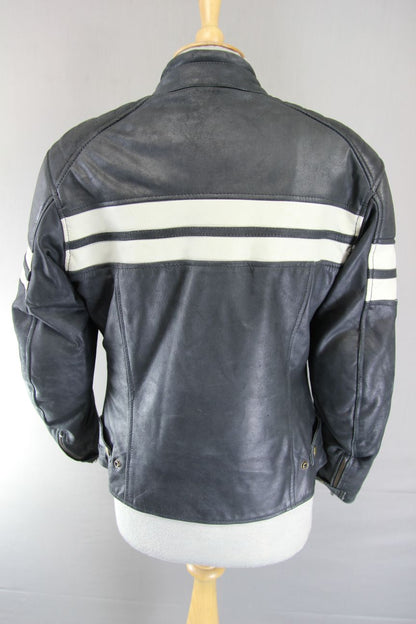 BOS BLACK & CREAM CAFE RACER LEATHER BIKER JCKT + ARMOUR/THERMAL LINING: SIZE 14