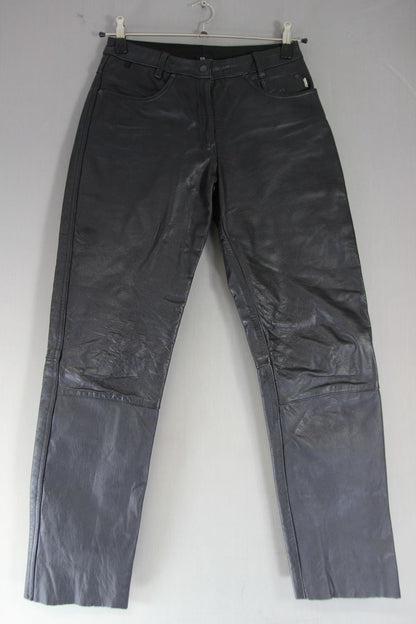 FRANK THOMAS BLACK LEATHER BIKER JEANS SIZE 10: WAIST 28 INCH/INSIDE LEG 31 INCH