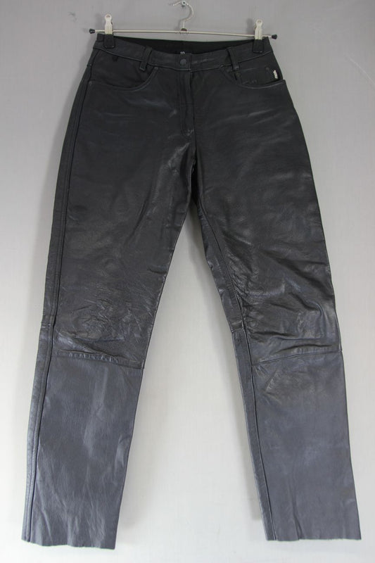 FRANK THOMAS BLACK LEATHER BIKER JEANS SIZE 10: WAIST 28 INCH/INSIDE LEG 31 INCH
