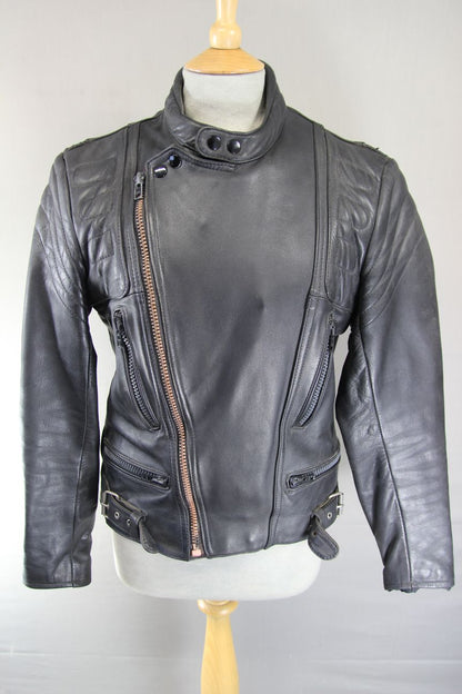 CLASSIC BLACK LEATHER COTTON LINED BIKER JACKET 36-38 INCH