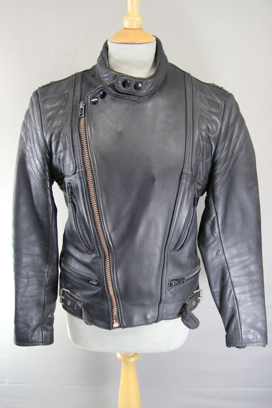 CLASSIC BLACK LEATHER COTTON LINED BIKER JACKET 36-38 INCH