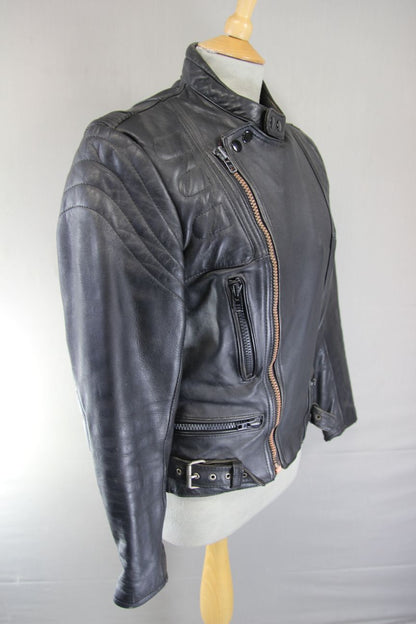CLASSIC BLACK LEATHER COTTON LINED BIKER JACKET 36-38 INCH