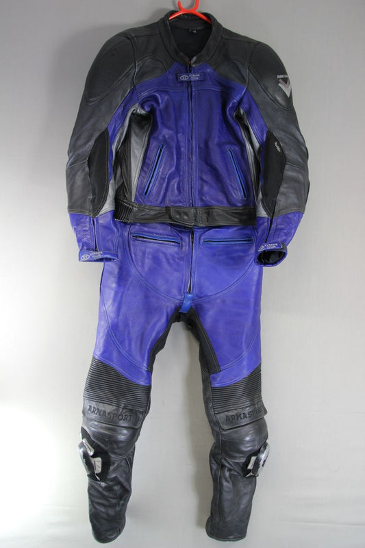 FRANK THOMAS XTREME SPORT BLACK, BLUE & SILVER LEATHER BIKER SUIT + ARMOUR 40 IN