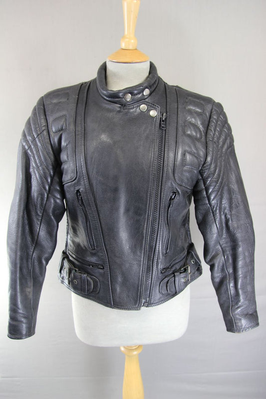 CLASSIC J&S LEATHERS BLACK BIKER JACKET: SIZE 10/34 INCH CHEST