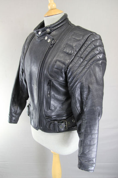 CLASSIC J&S LEATHERS BLACK BIKER JACKET: SIZE 10/34 INCH CHEST