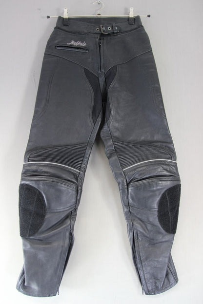 BUFFALO BLACK LEATHER BIKER TROUSERS + CE ARMOUR SIZE 12: WAIST 26 IN/LEG 29 IN