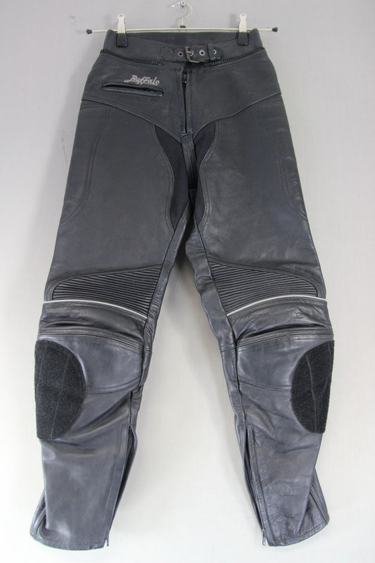 BUFFALO BLACK LEATHER BIKER TROUSERS + CE ARMOUR SIZE 12: WAIST 26 IN/LEG 29 IN