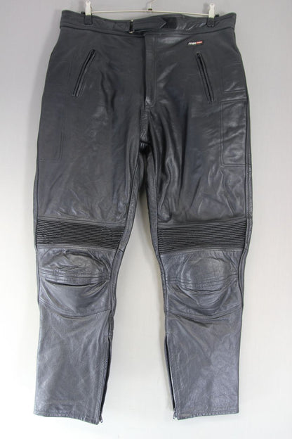 MAX MPH BLACK LEATHER BIKER TROUSERS + HIP & KNEE CE ARMOUR: WAIST 40IN/LEG 31IN