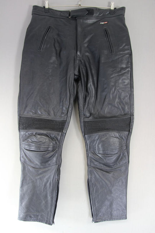 MAX MPH BLACK LEATHER BIKER TROUSERS + HIP & KNEE CE ARMOUR: WAIST 40IN/LEG 31IN