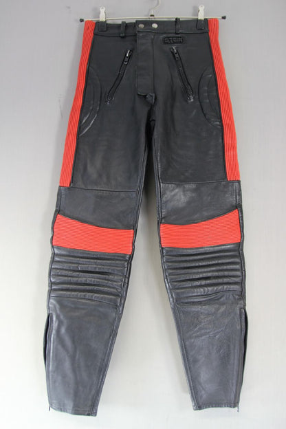 VINTAGE STEIN BLACK & RED LEATHER BIKER TROUSERS: WAIST 28 IN/INSIDE LEG 30 IN