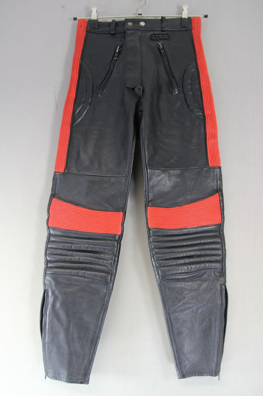 VINTAGE STEIN BLACK & RED LEATHER BIKER TROUSERS: WAIST 28 IN/INSIDE LEG 30 IN