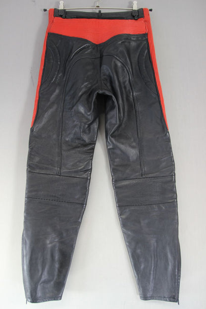VINTAGE STEIN BLACK & RED LEATHER BIKER TROUSERS: WAIST 28 IN/INSIDE LEG 30 IN