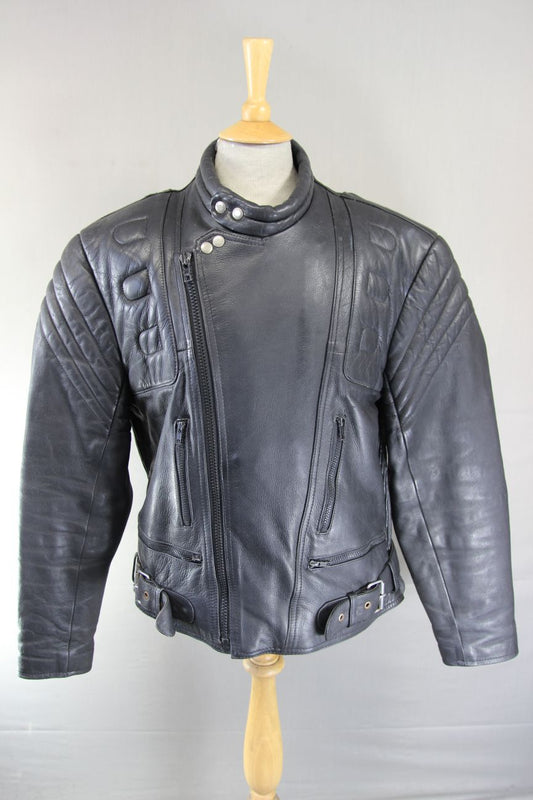 J&S CLASSIC BLACK LEATHER BIKER JACKET 44 INCH CHEST