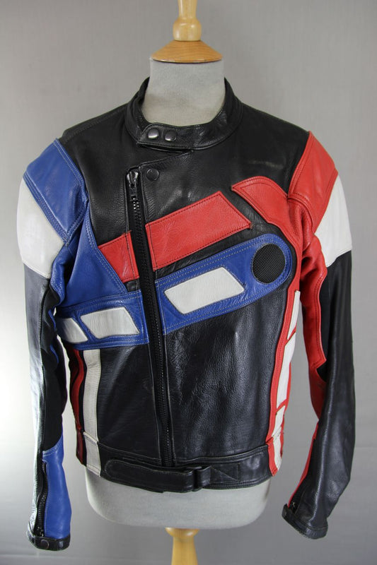 LOOKWELL BLACK, RED, BLUE & WHITE LEATHER BIKER JACKET 40 INCH/MEDIUM