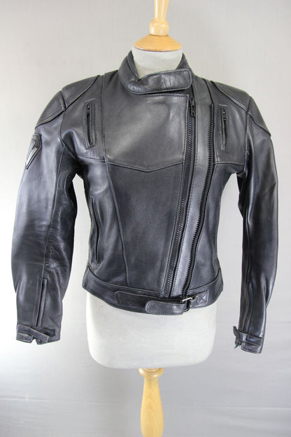 FRANK THOMAS ARMASPORT BLACK LEATHER LADIES BIKER JACKET: SIZE 12/34 INCH CHEST