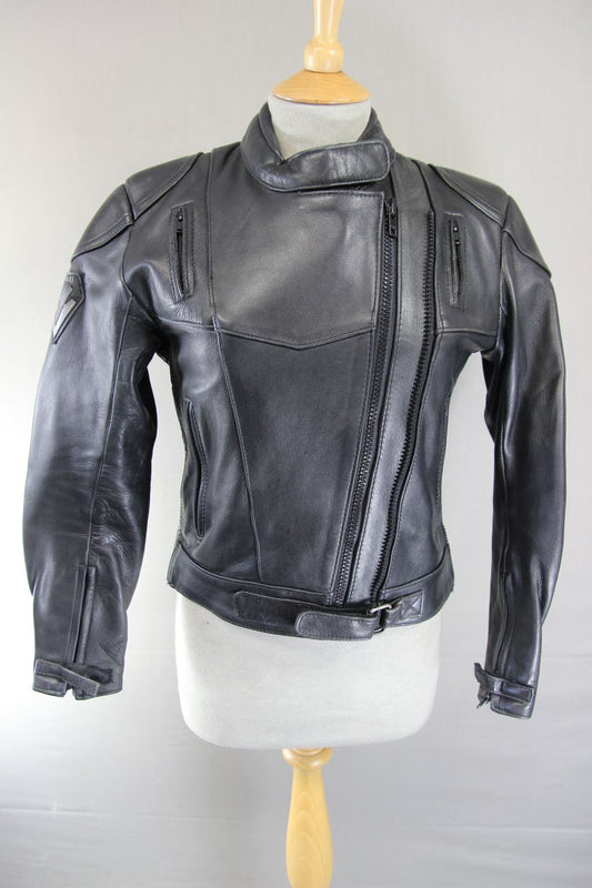 FRANK THOMAS ARMASPORT BLACK LEATHER LADIES BIKER JACKET: SIZE 12/34 INCH CHEST