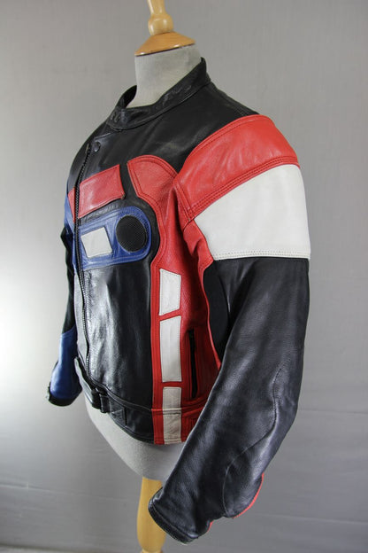 LOOKWELL BLACK, RED, BLUE & WHITE LEATHER BIKER JACKET 40 INCH/MEDIUM