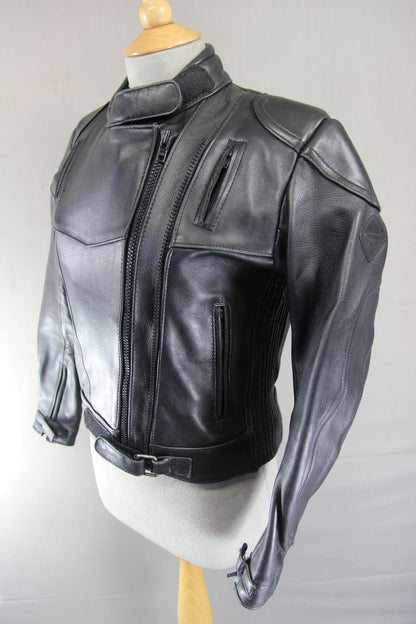 FRANK THOMAS ARMASPORT BLACK LEATHER LADIES BIKER JACKET: SIZE 12/34 INCH CHEST
