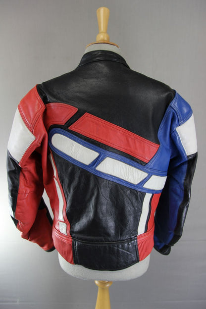LOOKWELL BLACK, RED, BLUE & WHITE LEATHER BIKER JACKET 40 INCH/MEDIUM