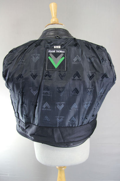 FRANK THOMAS ARMASPORT BLACK LEATHER LADIES BIKER JACKET: SIZE 12/34 INCH CHEST