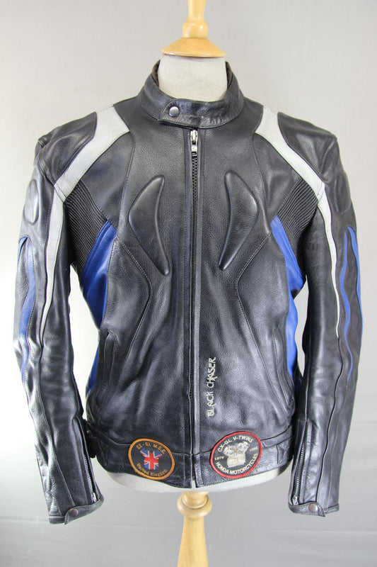 CASTOR 'BLACK CHASER' BLACK, BLUE & GREY LEATHER BIKER JACKET 42 INCH